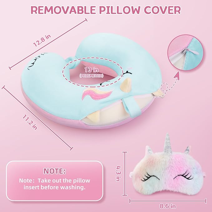 Toddler Neck Pillow, Kids Travel Neck Pillow for Traveling with Eye Mask, Toddler Cute Unicorn Airplane Travel Essentials, Memory Foam Car Flight Sleeping Headrest for Baby Boy Girl Child Gift (Blue)