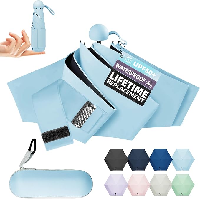 Travel Mini Umbrella Compact Small & Lightweight, UV Rain Protection, Pocket-Sized Folding Umbrellas with Quickdraw & Case for Men Women & Kids Backpack