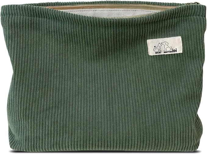 HAPPYHEIDI Corduroy Makeup Bag with Compartment Cosmetic Toiletry Travel Pouch, Make Up Accessory Organizer, Zipper Closure, Canvas Lined