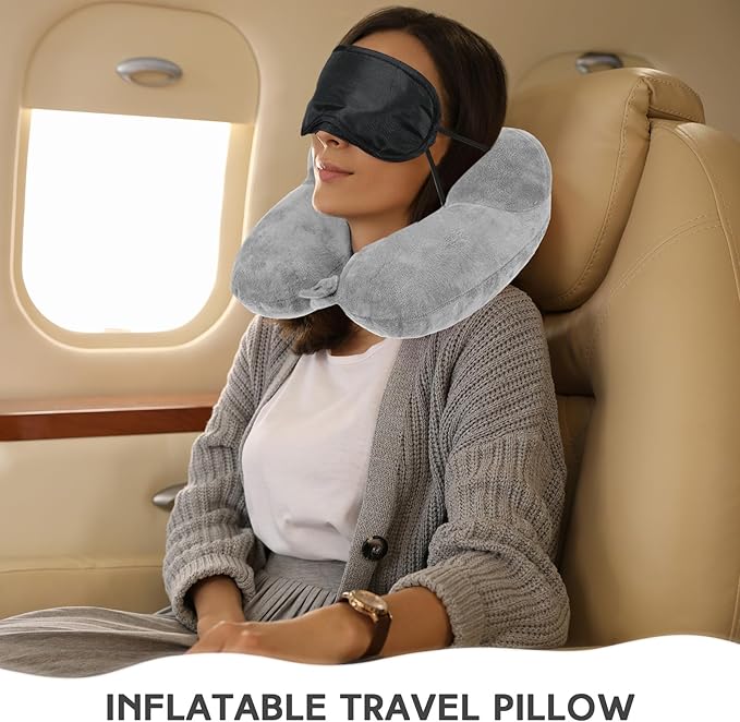 Sintuff 2 Pack Inflatable Travel Pillow for Airplanes Inflatable Neck Flight Pillows with Compact Bag and Blindfold for Traveling, Airplane, Train, Car, Office(Gray)