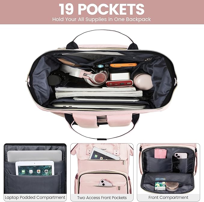 LOVEVOOK Laptop Backpack for Women,15.6 Inch Professional Womens Travel Backpack Purse Computer Laptop Bag Nurse Teacher Backpack,Waterproof College Work Bags Carry on Back Pack with USB Port, Pink