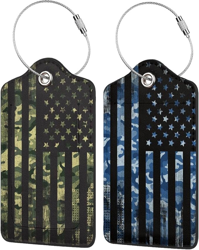 2P Blue Green United States Unique American USA Flag Luggage Tags Privacy Cover ID Label with Stainless Steel Loop and Address Card for Travel Bag Suitcase Funny Cute Man Women Kids