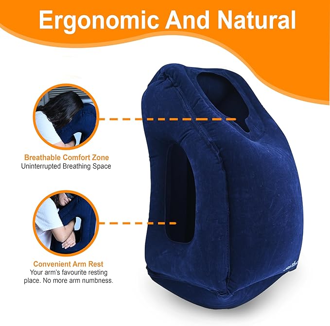 Inflatable Travel Pillow - Airplane Pillow for Neck Support on Planes, Buses, Cars, Office & Trains - Comes with Eye Mask, Earplugs & Portable Drawstring Bag (Blue)