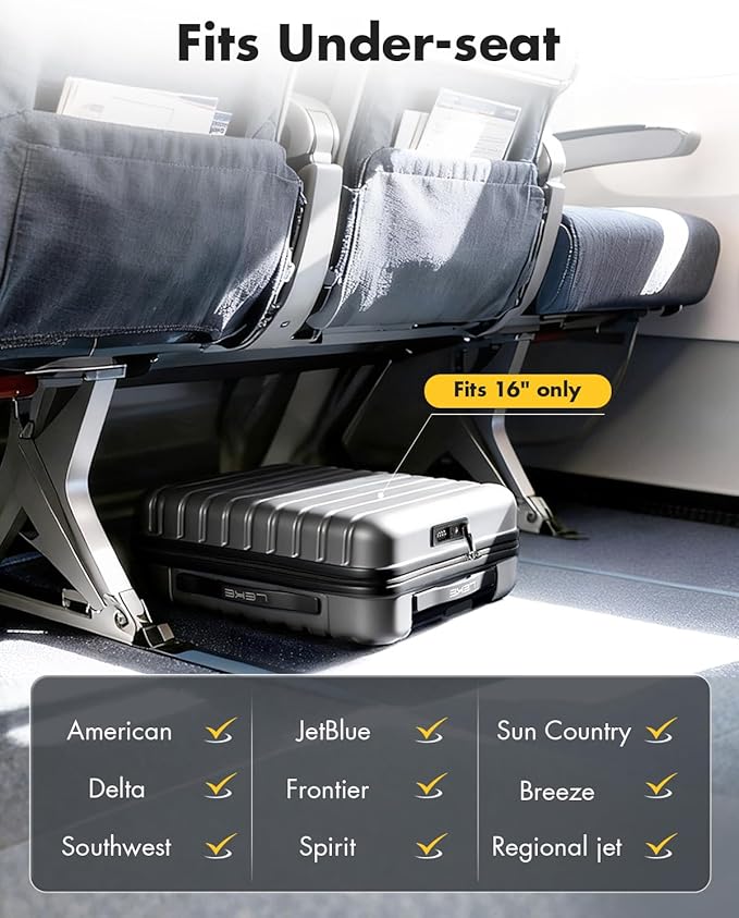 Lekesky 16 Inch Underseat Carry On Luggage Airline Approved, Small Hard Shell Suitcase with TSA Lock Spinner Wheels, Lightweight Personal Item Carry-On for Travel, Grey