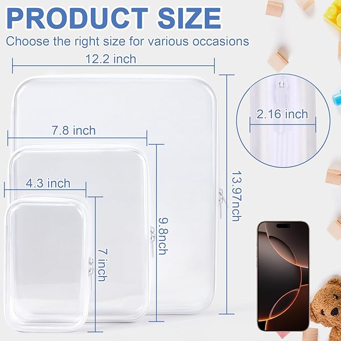 Clear Hard Shell Zipper Case, Clear Zipper Pouches Waterproof Makeup Organizer & Travel Toiletry Storage Bag, Plastic Pouch for Office, Home, White,3 Pack XL LS