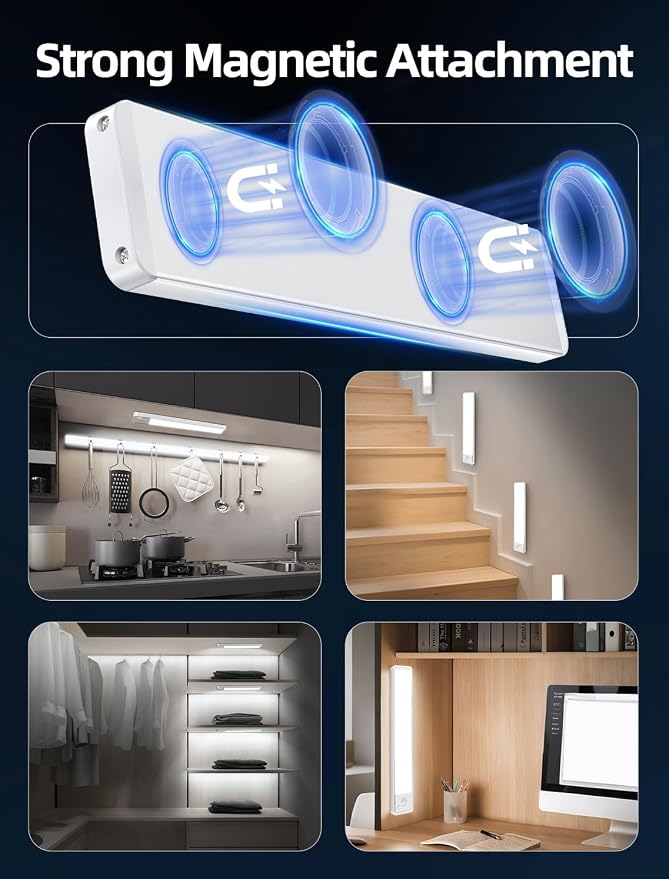 Under Cabinet Motion Sensor Lighting: Dimmable Rechargeable Lights Indoor - Battery Operated Lights - Undercabinet Wireless Closet Light Magnetic Led Light for Kitchen Home Bathroom Counter 3 Pack