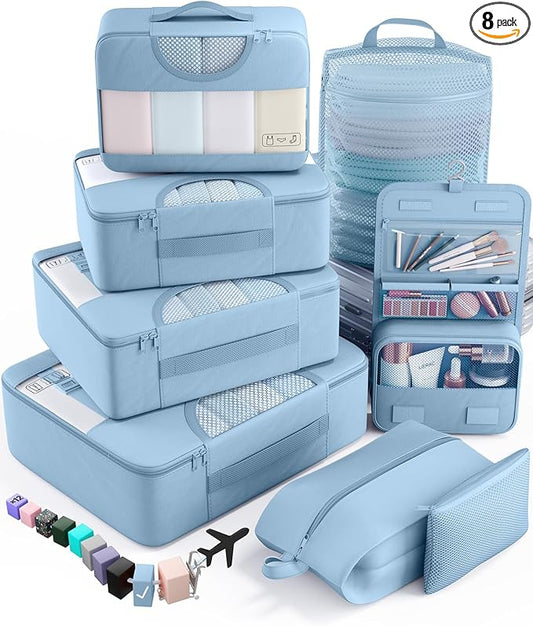 Veken 8 Set Packing Cubes for Travel Essentials, Suitcase Organizer Bags in 4 Sizes, Carry-On Luggage Accessories with Large Laundry & Hanging Toiletry Bag, Must-Have for Airplane, Road Trip & Camping