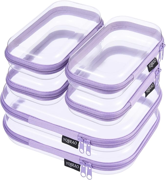 YQBRAO 6 Pack Clear Hard Shell Zipper Case, Hard Plastic Organizer Pouches for Travel, Small Items, Makeup, Electronics & Art Supplies - Crush-Resistant & Waterproof Storage (Purple)