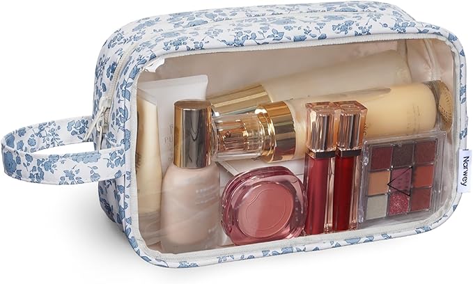 Narwey Clear Toiletry Bags for Traveling Women Men, Clear Travel Bags for Toiletries Makeup Bag Cosmetic Bag with Zipper, Make Up Organizer, Skincare Bag (Blue Flower)
