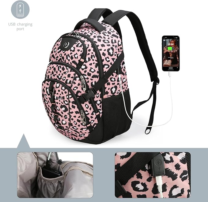 Swissdigital Laptop Backpack with USB Charging Port, Travel Backpack Fits 15.6 inches Computer, 31L Backpack for Women, Pink Leopard | SD803-102