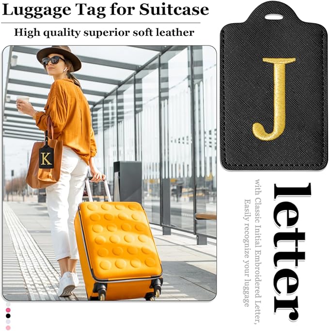 Personalized Initial Luggage Tags for Suitcases,Leather Letter Cute Luggage Tags with Privacy Name Card,Embroidered Monogrammed Travel Bag Backpack Tag Gifts for Women Kids Girls Teens(Black-J)