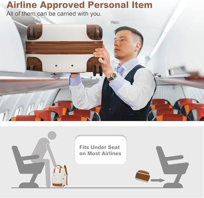 Kono Airline Approved Suitcase Set 3 Piece Luggage Set Lightweight Carry On Travel Luggage, TSA Lock Spinner Wheels Hardshell (Cream/Brown, 3 piece set (BP/TB/20))