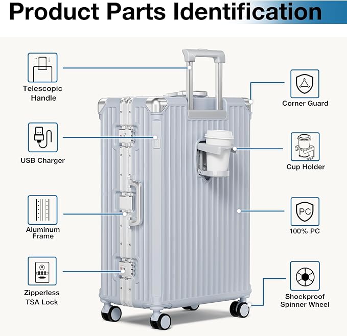 Krute No Zipper Luggage Set 2 Pieces Aluminum Frame PC Hard Shell Zipperless Suitcase Set With Wheels TSA Lock Carry On Luggage and Checked Suitcases