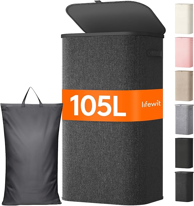 Lifewit 105L Large Laundry Basket with Lid, Laundry Hamper with Plastic Handles and Removable Bag, Foldable Tall Dirty Clothes Hampers for Laundry for Laundry Room, Bedroom, Bathroom, Dorm, Dark Gray