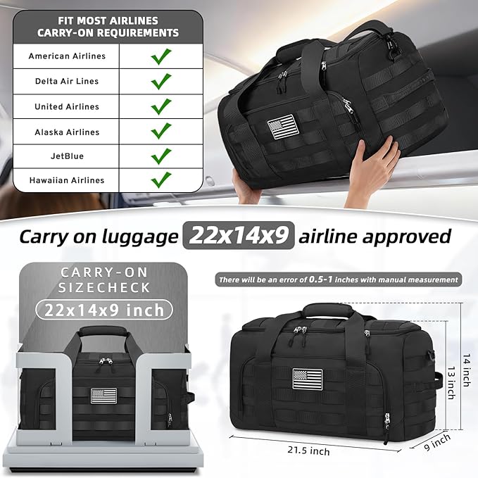 ZOMFELT Tactical Gym Bags for Men, 22x14x9 Carry On Luggage Duffle Bag for Travel, 3-in-1 Sports Basketball Soccer Bag with Removable Dividers & Shoe Compartment, Weekender Overnight Travel bag, Black