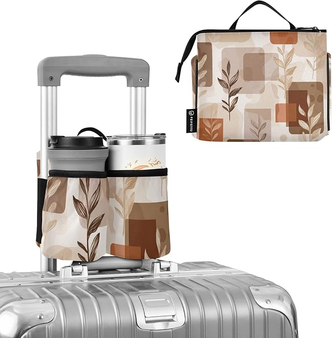 Luggage Cup Holder for Suitcases Free Hands Travel Cup Holder Portable Suitcase Cup Drink Holder Luggage Cup Caddy Bag Carrier Light Brown Boho Leaves