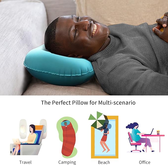 Ultralight Inflatable Travel Pillow Press to Inflate Compressible Neck and Lumbar Support While Camping Driving Sleeping Peacock Blue