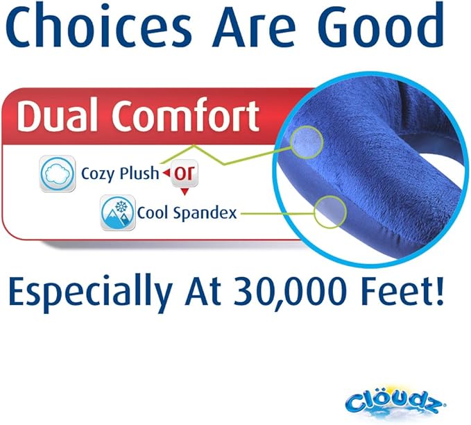 Cloudz Dual Comfort Microbead Airplane Travel Neck Pillow. Soft Cozy Plush Fabric on One Side, Cool Relaxing Spandex on The Other! Customize Your Comfort and Support at Home or On The Go! Bright Blue