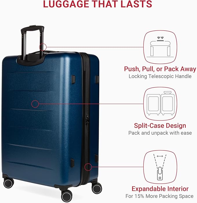 SwissGear 8020 Eclipse Hardside Expandable Luggage with Spinner Wheels, Navy, Checked-Large 27-Inch