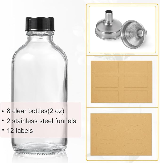 AOZITA 8 Pack, 2 oz Small Clear Glass Bottles w/Lid & 2 Funnels - 60ml Boston Shot Bottles for Health, Immunity, Potion, Wellness, Sample, Ginger, Juice - Mini Personal Care & Beauty Travel Bottle