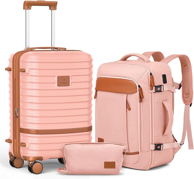 Joyway Expandable Carry on Luggage Sets Airline Approved, Lightweight Hard Shell 20 Inch Carry-on Suitcase with Spinner Wheels (Carry on luggage，Pink)