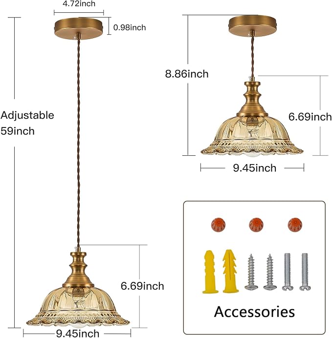 HDDFL Glass Pendant Lights Modern Pendant Lighting Fixtures Hanging Lamp for Kitchen Island Bedroom Dining Room Coffee Shop Hallway Amber and Brass 2 Pack