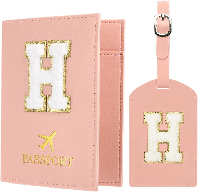 PATIKIL Passport Holder for Travel, Initial Passport Cover and Luggage Tag Set with Alphabet Chenille Letter Patch Travel Wallet Bag Suitcase Identifier for Women Family Travel Pink H