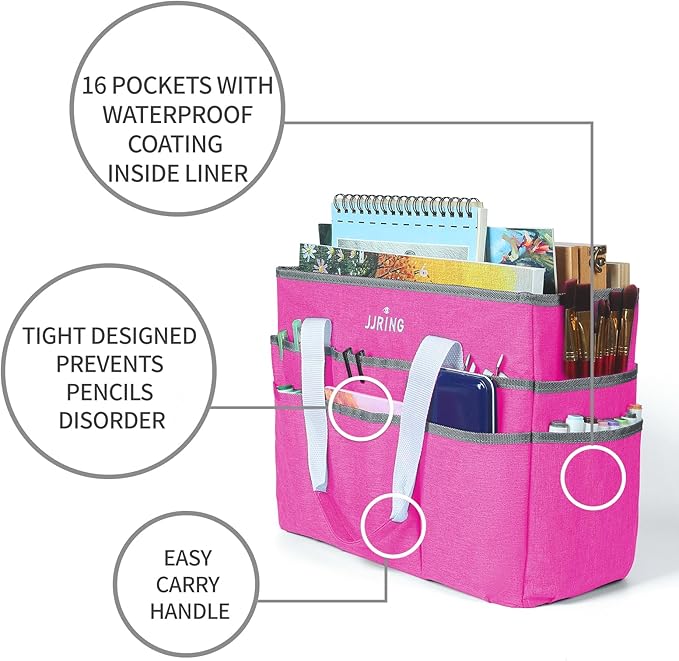 JJRING Craft Organizer Tote Bag, Large Art Storage Caddy with Multiple Pockets, Deep Red Sewing Bag for Art, Craft, Scrapbooking, Medical, and Office Supplies Storage