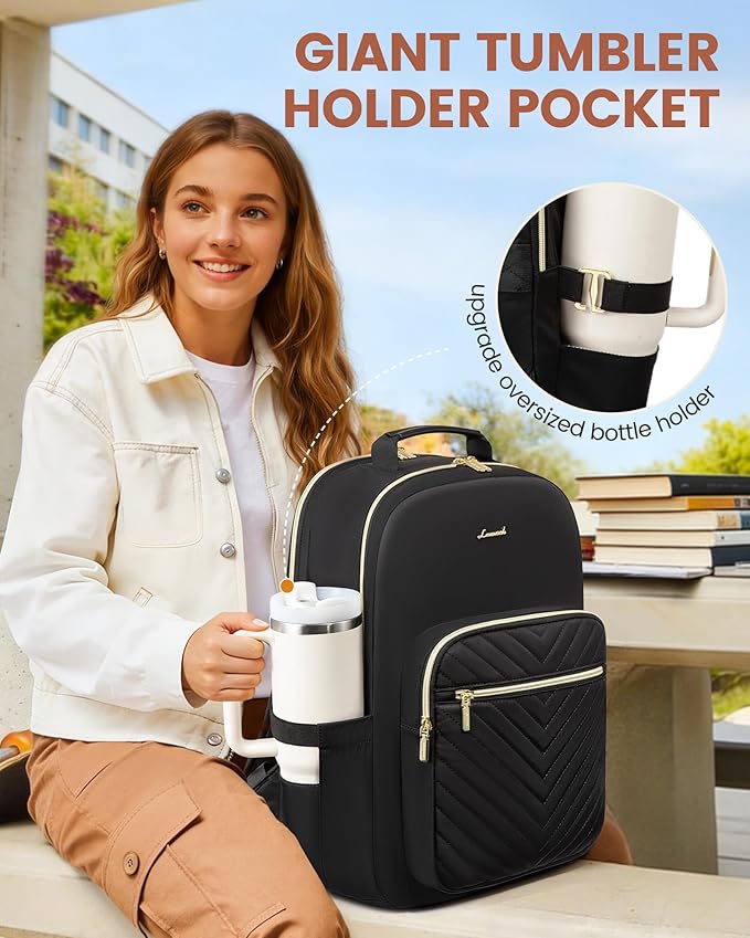 LOVEVOOK Laptop Backpack for Women with Giant Tumbler Holder 17.3 inch,Designer Travel Backpack Laptop Bag College Backpack,Quilted Work Nurse Teacher Backpack Purse Computer Bag Casual Daypack, Black