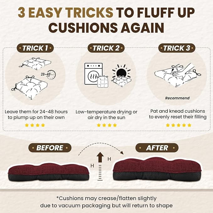 downluxe Indoor Chair Cushions for Dining Chairs, Tufted Overstuffed Textured Kitchen Chair Pads with Ties and Non-Slip Backing, 15.5" x 15.5" x 4", Burgundy, 6 Pack