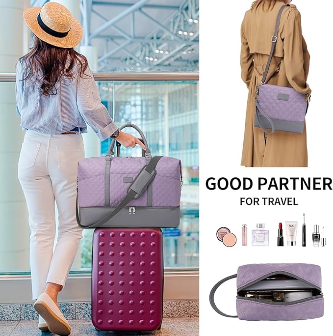 Weekender Bag, Large Travel Duffel Bag for Women, Carry on Overnight Bag with Shoe Compartment and Toiletry Bags