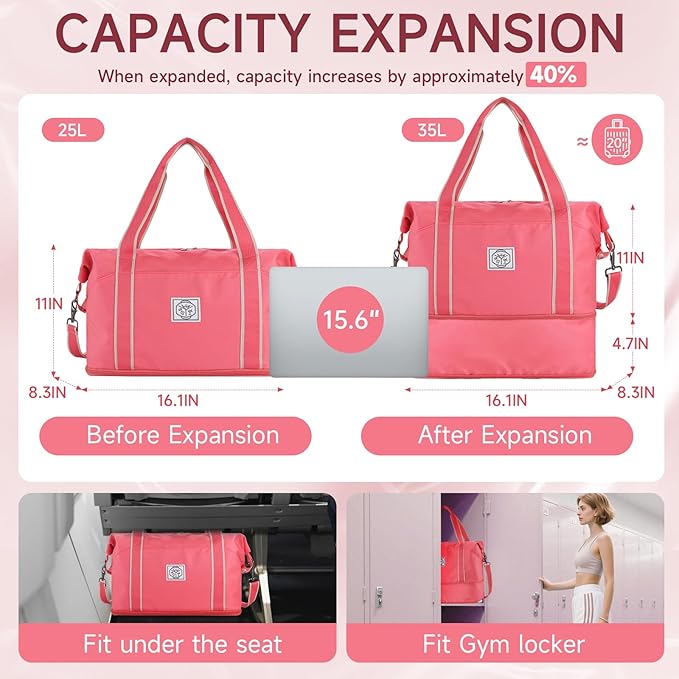 WALNEW Travel Duffel Bag, Weekender Overnight Carry On Bag for Women Men, Foldable Waterproof Gym Luggage Duffle Bag with Metal Buckle Detachable Shoulder Strap and Wet Compartment (living Coral)