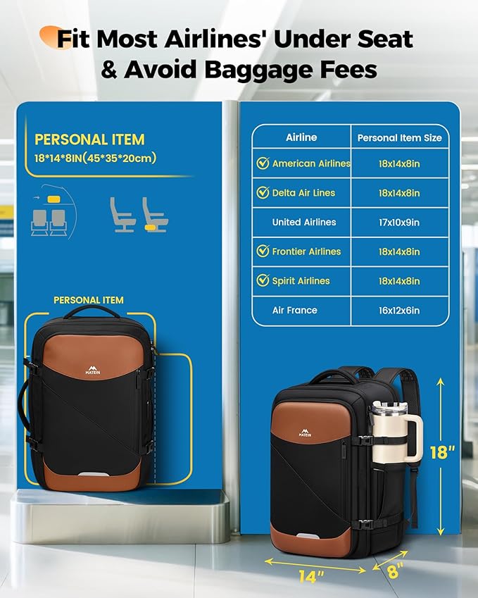 MATEIN Personal Item Travel Backpack 18x14x8, Airline Approved Spirit Personal Item Bag Fits 17" Laptop, Waterproof TSA Underseat Backpack for Airplanes Luggage with Tracker Pocket