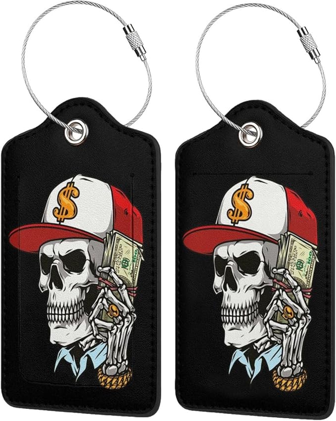 Luggage Tags for suitcases 2 Pack Skull Luggage Tag Leather Stainless Steel Loop Label Tag for Men Travel Bag Suitcase Skeleton