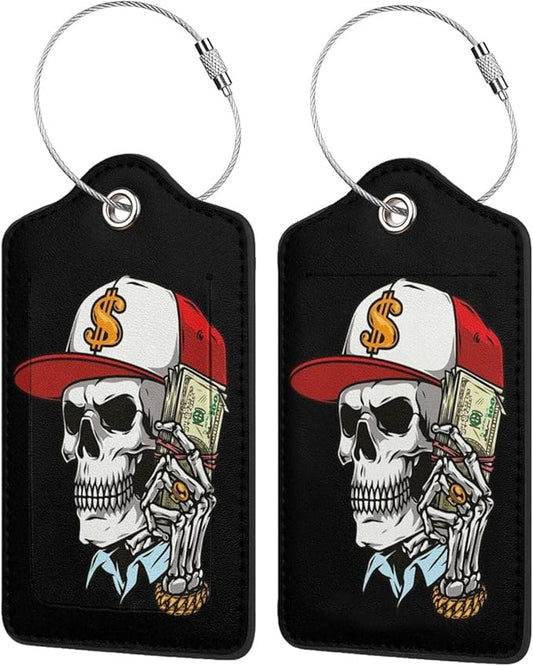 Luggage Tags for suitcases 2 Pack Skull Luggage Tag Leather Stainless Steel Loop Label Tag for Men Travel Bag Suitcase Skeleton