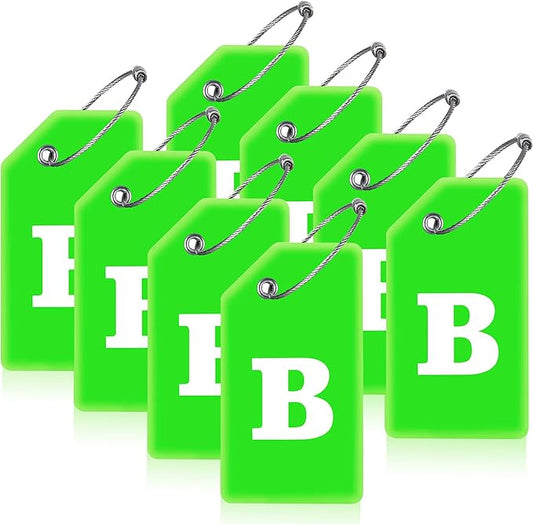 Gostwo 8 Pack Luggage Tags for Suitcases, 26 Initial Letter Travel Luggage Baggage Identification Labels ID Tags Fully Bendable Tags with Stainless Steel Loop (Letter B, Green)
