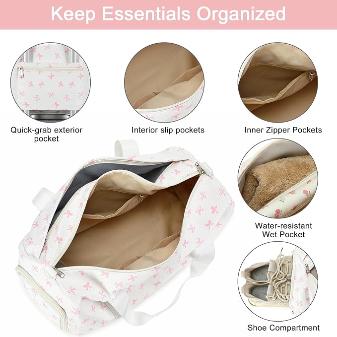 BTOOP Duffle Bag for Girls Kids Gym Sports Women Workout Travel Bag Weekender with Shoe Compartment and Wet Pocket (Pink Bow)