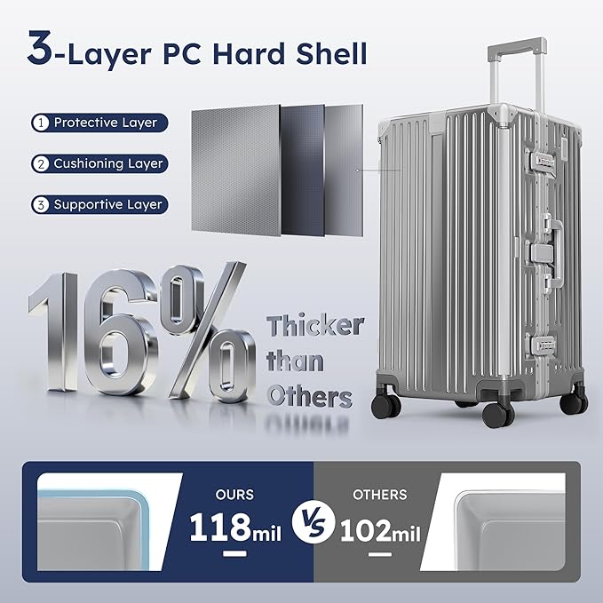 ALPHA CAMP Trunk Luggage, Large 26 Inch Thickened Aluminum Frame Luggage with TSA Spinner Wheels, 3-Layer PC Hardside Zipperless Travel Suitcase, Type-C USB Charging Port, Cup Holder， Grey