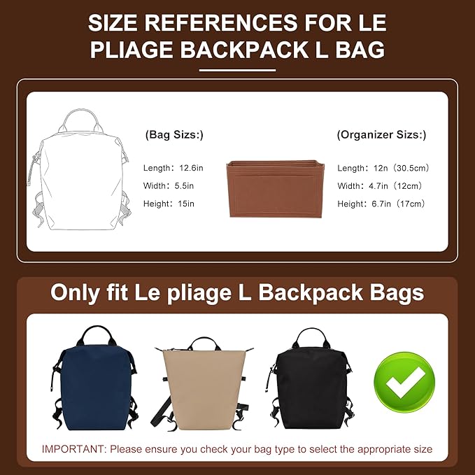 Doxo Backpack Organizer Insert for Longchamp Le Pliage L Backpack | Felt Material with 8 Compartments & YKK Zipper Pocket | Custom-Fit Longchamp Backpack Insert (LB, Gold Brown)
