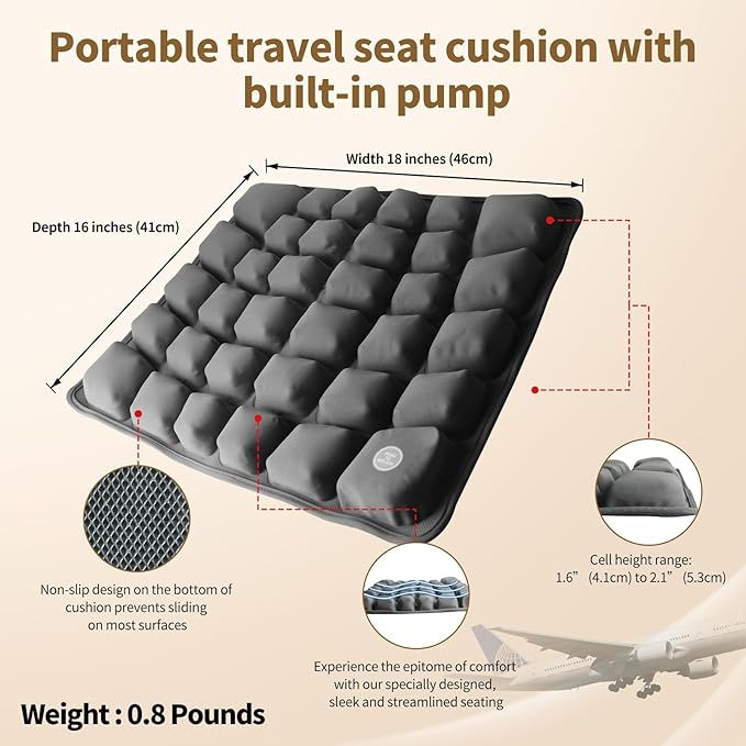 Air Inflatable Travel Seat Cushion with Built-in Pump & Carry Bag– Portable & Adjustable for Airplane, Car, Office – Coccyx, Sciatica & Tailbone Pain Relief (Gray)