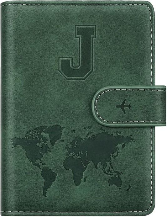 Personalized J Passport Holder Cover Initial Letter Travel Wallet RFID Blocking Passport Cover Credit Card Holder Case Passport Book Holders for Women and Men, Pine Green-J