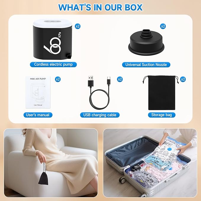 60 Kpa Cordless Electric Pump for Vacuum Storage Bags, Travel 3600mAh Rechargeable Electric Air Pump for Various Seal Bags, Portable Vacuum Pump for Space Saver Bag for Clothing, Luggage (Pump Only)