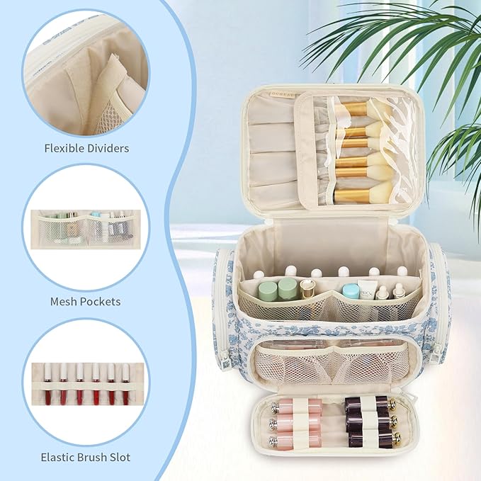 Makeup Bag with Multi-Pockets,Travel Cosmetic Bag with 2 Transparent Side Pockets for Easy Small Item Finding, Enlarged Internal Compartments, Large Capacity Waterproof Bottom Makeup Organizer -Floral