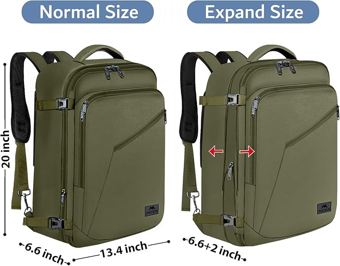 MATEIN Mens Backpack for Travel, Extra Large Expandable Carry on Backpack with Hideaway Shoulder Straps for Travelling, Water Resistant Heavy Duty Daypack, Gifts for Men Women, Dark Green