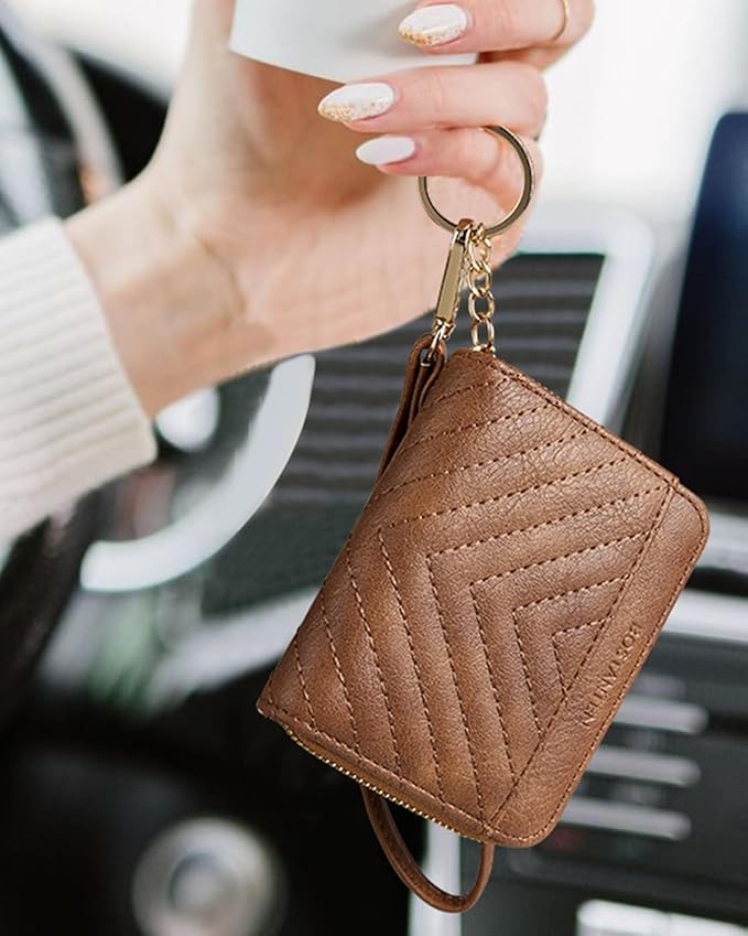 BOSTANTEN Credit Card Holder Wallet RFID Blocking Leather Small Wallet for Women Zipper Keychain Wallet with Wristlet Brown