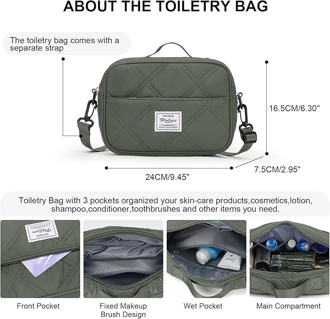 Weekender Bags for Women,Personal Item Travel Bag with Shoes Compartment,Overnight Travel Duffel Bag with Quilted Toiletry Bag,Olive Green