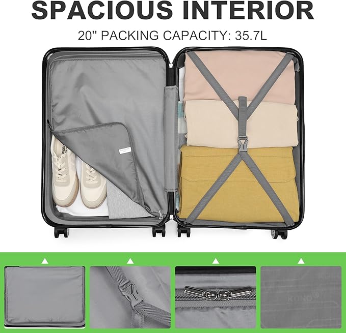 Kono 20'' Carry on Luggage with Spinner Wheel TSA Lock, Lightweight PC+ABS Hardside Luggage Durable Small Carry on Suitcase Apple Green
