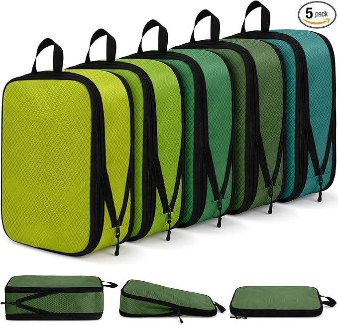 5 Pack Compression Packing Cubes for Travel Space Saving Cubes Luggage Organizer for Suitcase(Green,S)