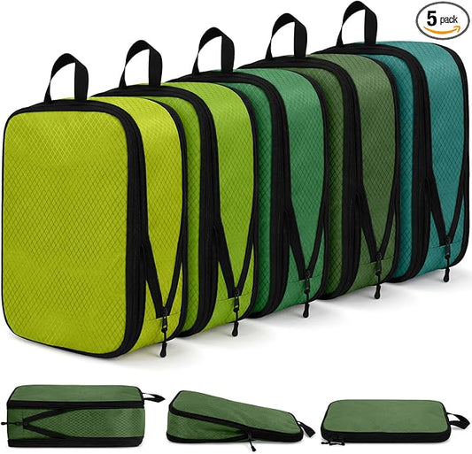 5 Pack Compression Packing Cubes for Travel Space Saving Cubes Luggage Organizer for Suitcase(Green,S)