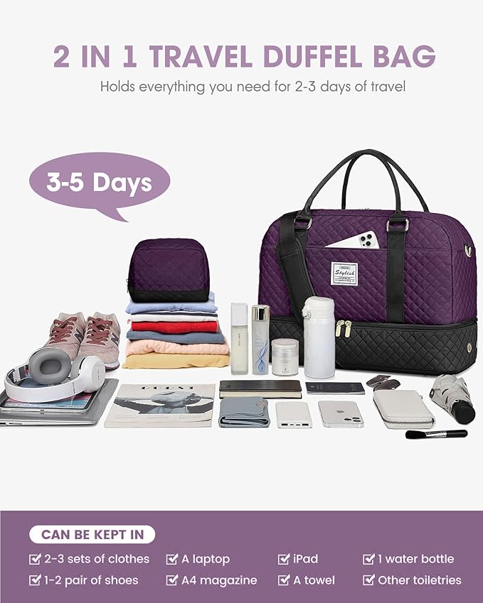 Weekender Bags for Women Travel Bag - Duffle Bag with Shoe Compartment Carry on Overnight Bag for Women Hospital Bags for Labor and Delivery 2Pcs Set Black Purple